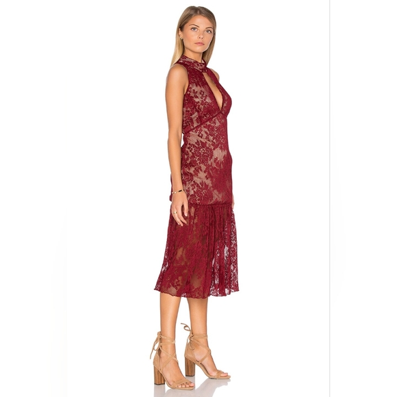 Endless Rose, Sleeveless Lace High Neck Midi Dress color Burgundy - Picture 2 of 10